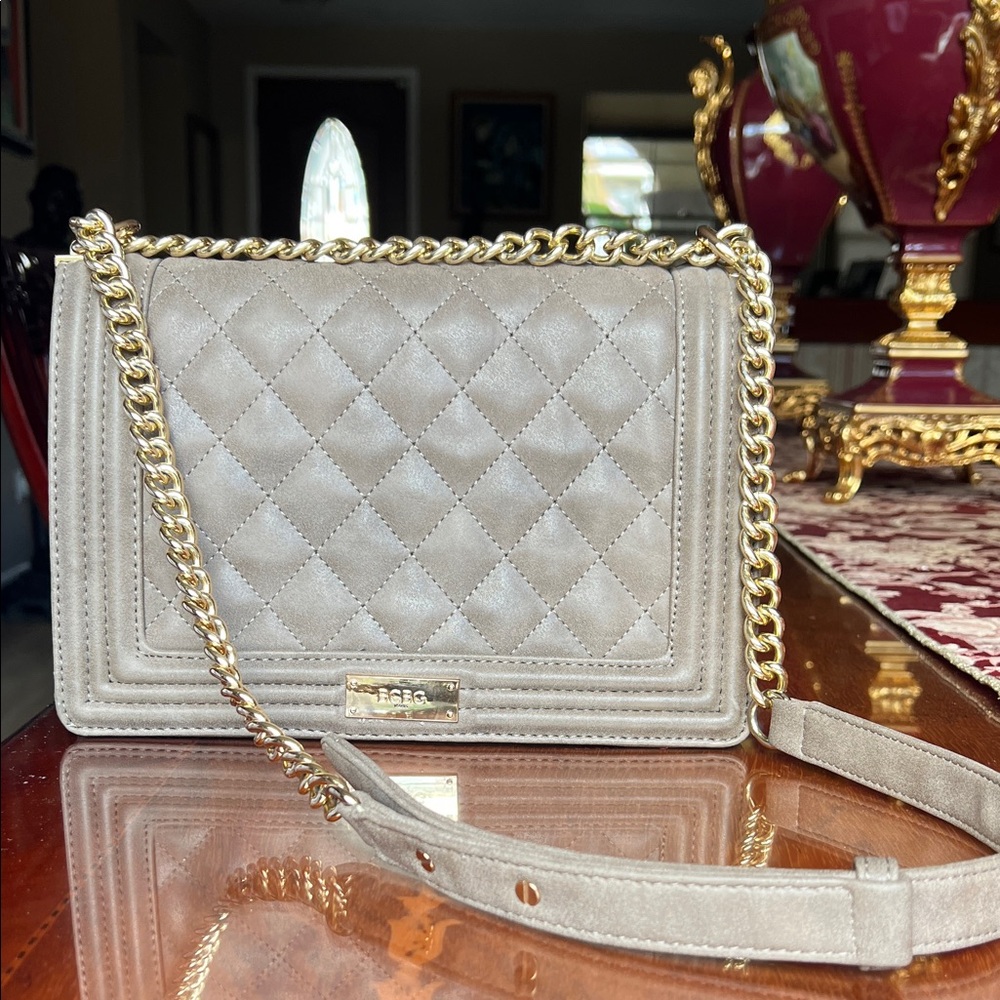BCBG Paris Taupe Grey Quilted Crossbody or Shoulder Bag with Gold Chain Strap